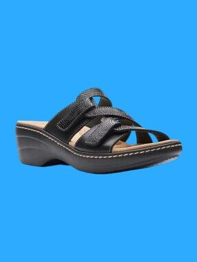 Clarks Merliah Karli Women's Black Leather Slip On Sandals Size 7 N Narrow NEW